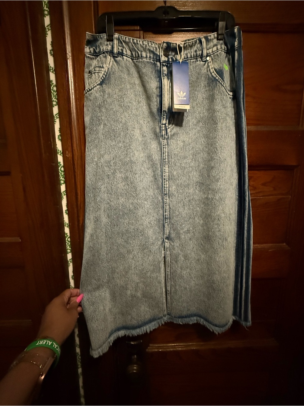 adidas Light Blue Denim Midi Skirt with Navy Side Stripes